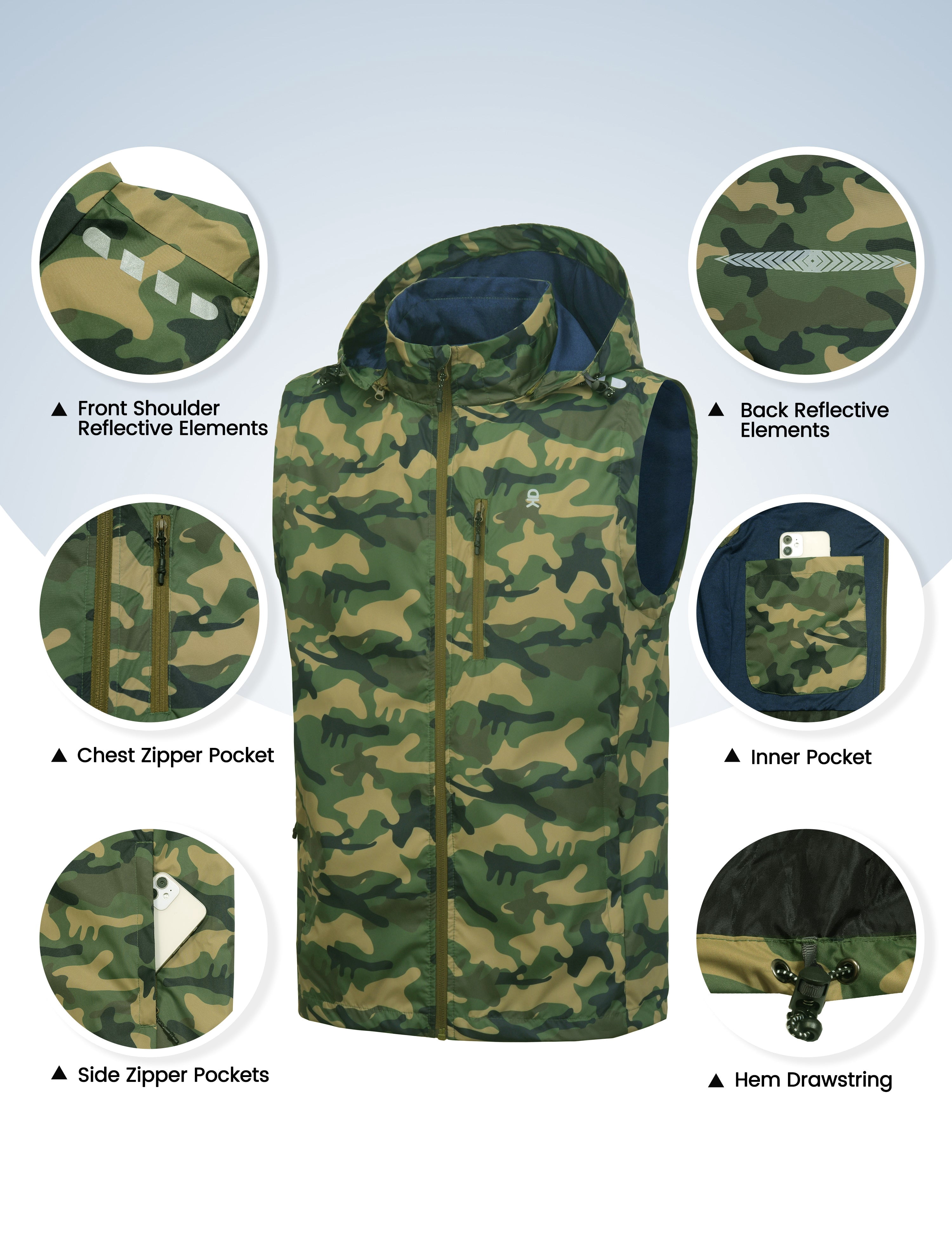 Little Donkey Andy Men's Lightweight Softshell Vest Detachable Hood Windproof Golf Sleeveless Jacket for Hiking Running Green Camouflage M