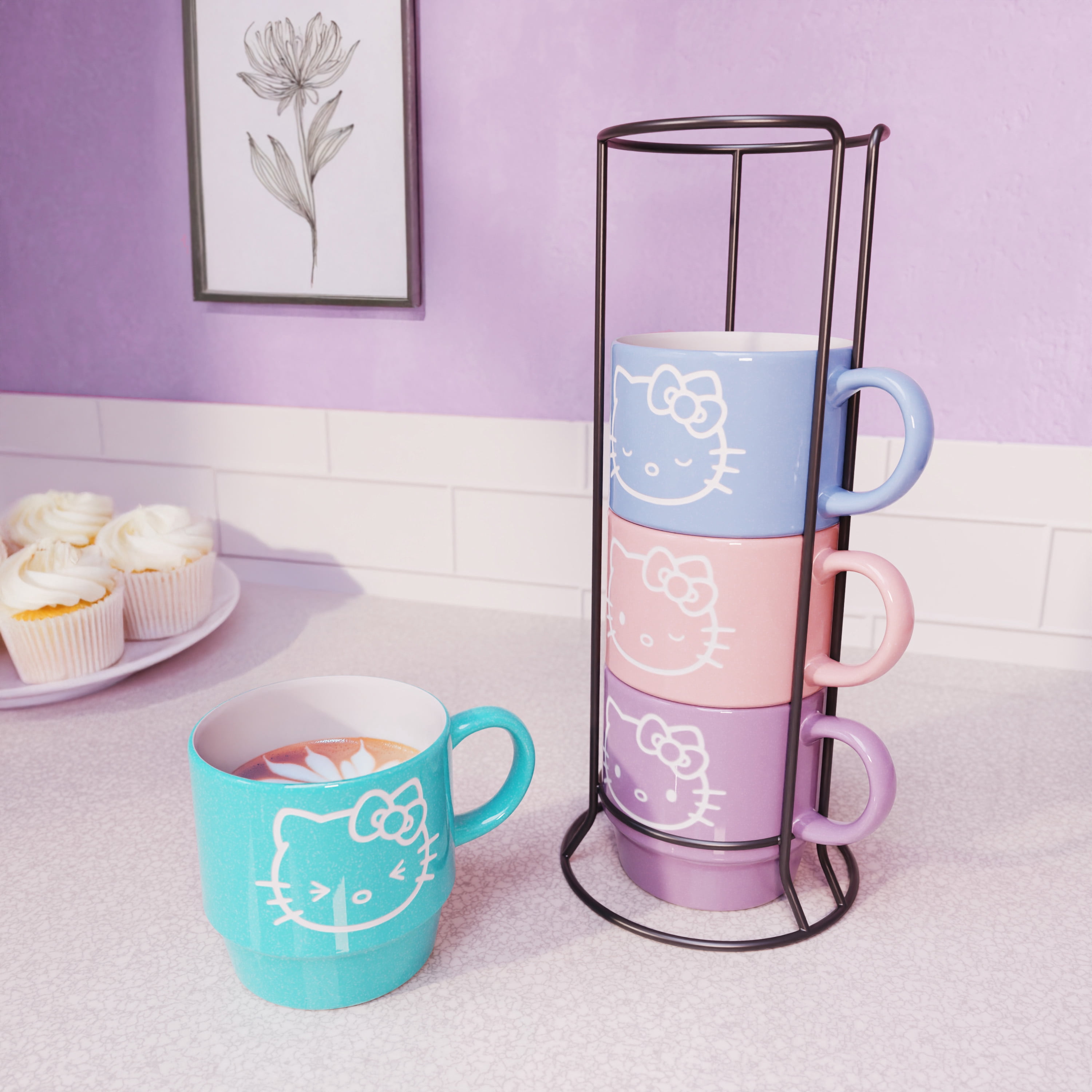 Zak Designs 14oz 4pc Hello Kitty Ceramic Stacking Mugs in Wire Rack
