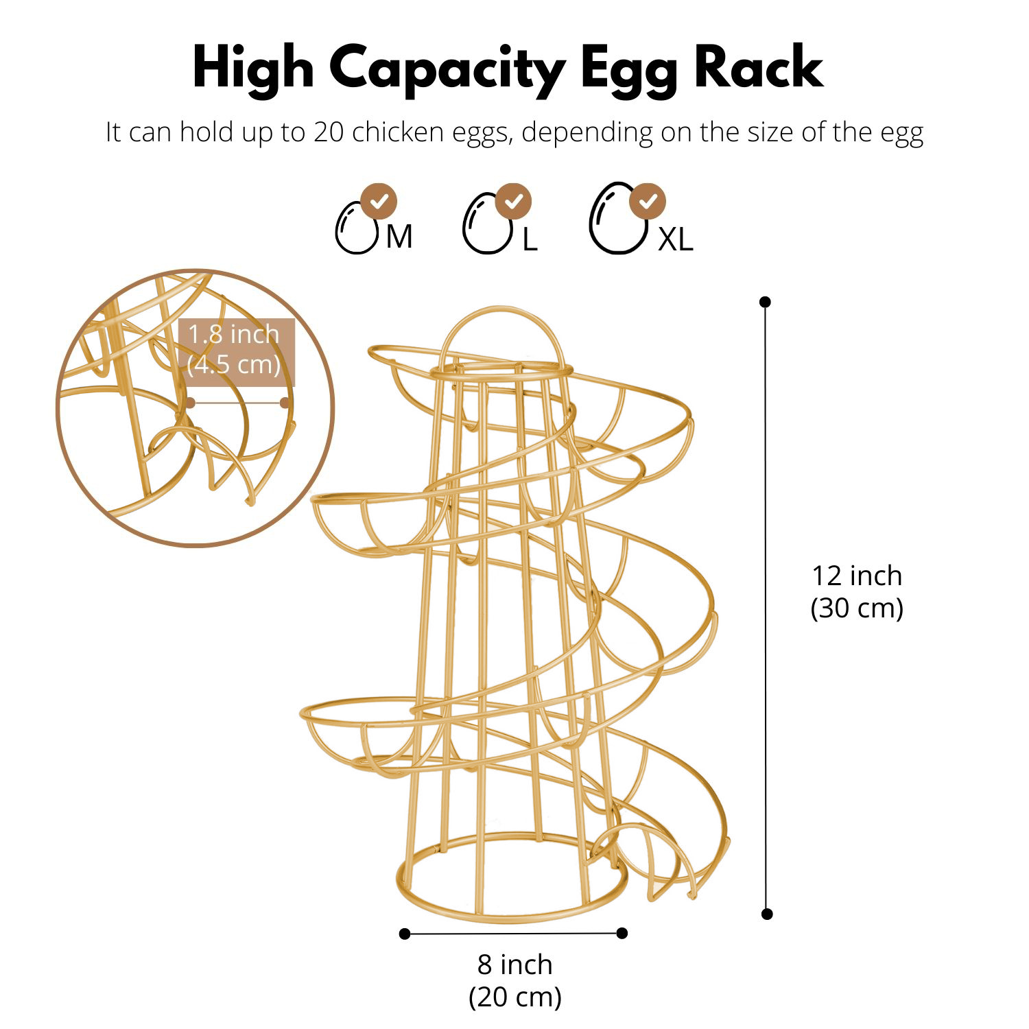 Egg Skelter Deluxe Modern Spiraling Dispenser Rack (Medium) - Chrome Plated Freestanding Wire Chicken Egg Storage Organizer Display Holder Basket for Countertop Kitchen, Gold