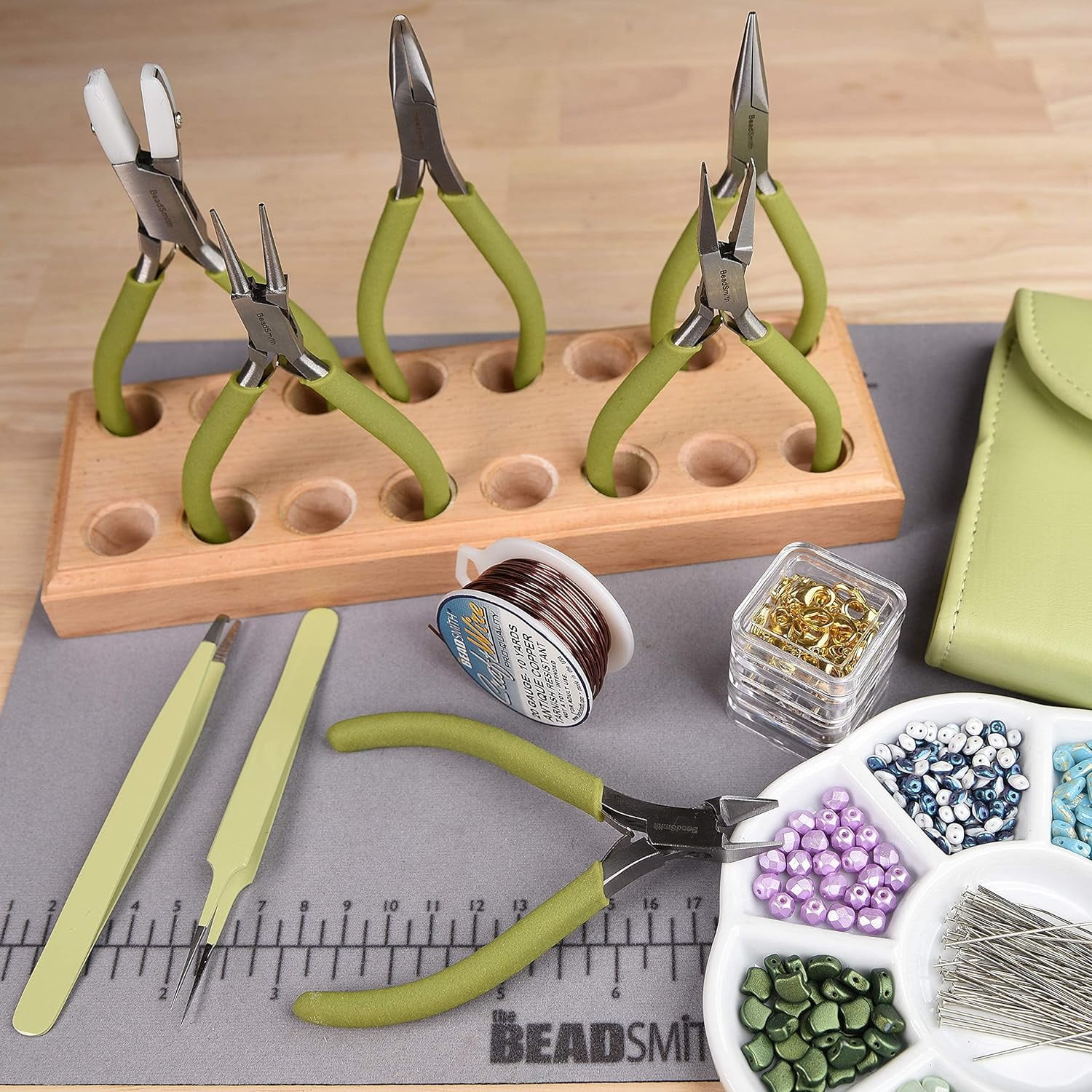 The Beadsmith Fashion Color Pliers - Set of 8 Slimline Color-Coordinated Tools – Matching Clutch in Light Olive – Jewelry Making Supply Kit to Create Necklaces, Bracelets, Earrings & More