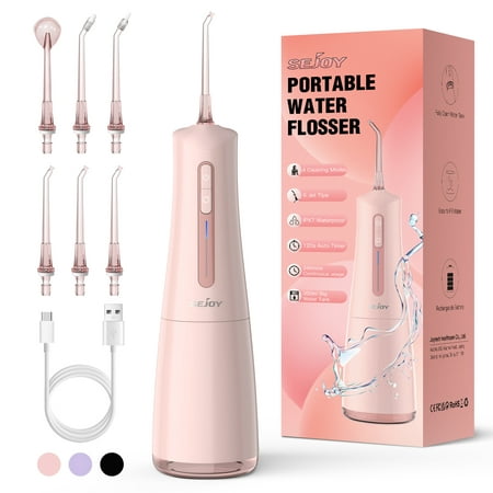 Sejoy Cordless Water Flosser, Professional Dental Teeth Cleaner, 300mL Tank USB Rechargeable Dental Oral Irrigator for Home and Travel for Oral Care, Pink