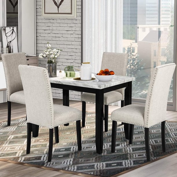 Dining Table Set 5 Piece Kitchen Table Sets Set, Faux Marble Top Kitchen Table for Small