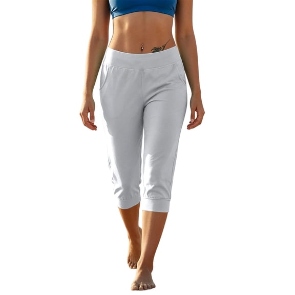 cocolona Womens Summer Casual Capri Leggings Solid Color Elastic Waist Slim Beach Yoga Cropped Joggers with Pockets