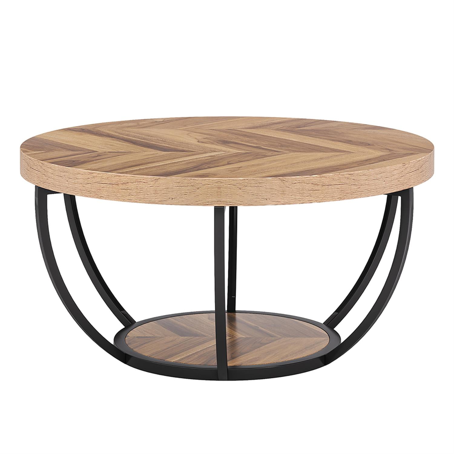 Demi Bonn Wooden Coffee Table, 2-Tier Round Central Cocktail Table with Shelves for Living Room, Beige