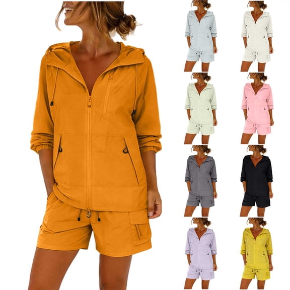 Bovxnpu Women 2 Piece Loungewear Set Beach Vacation Sweatsuit Tracksuit Set Sun Protection Loose Outdoor Sports Hiking Drawstring Hooded Outfit Set Summer Outfits