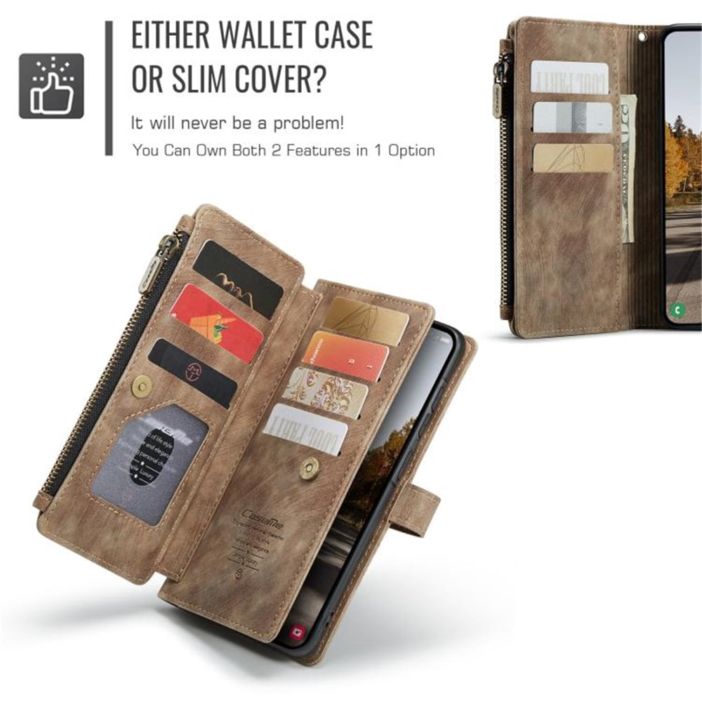 CaseMe Case for Samsung Galaxy A37 5G Wallet Case for Women Men, Fashion Durable PU Leather Magnetic Flip Lanyard Strap Wristlet 10-Card Holder Zipper Wallet Phone Case,Brown,For Galaxy A37 5G