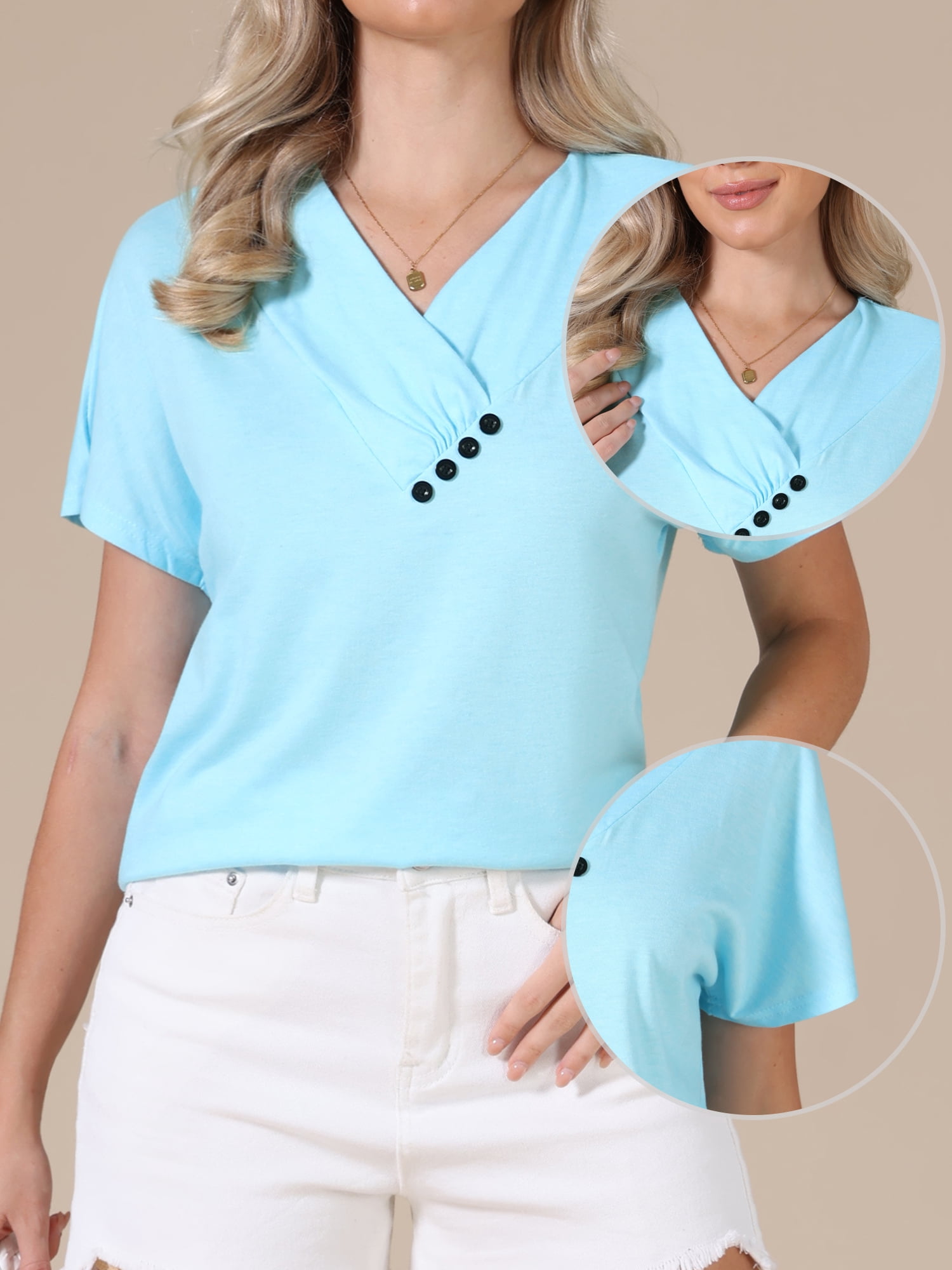 DARING DIVA Women's Summer Short Sleeve Tunic Tops Casual V Neck Button Shirts XL Blue