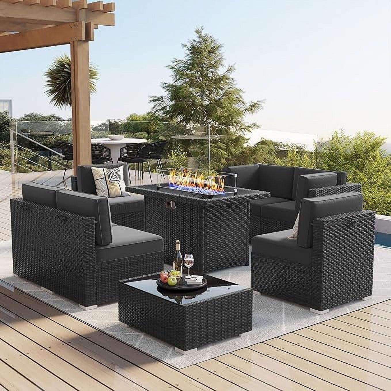 LayinSun 15 Piece Patio Furniture Set with Fire Pit Table, Outdoor Conversation Sets Wicker Rattan Sectional Sofa with Coffee Table