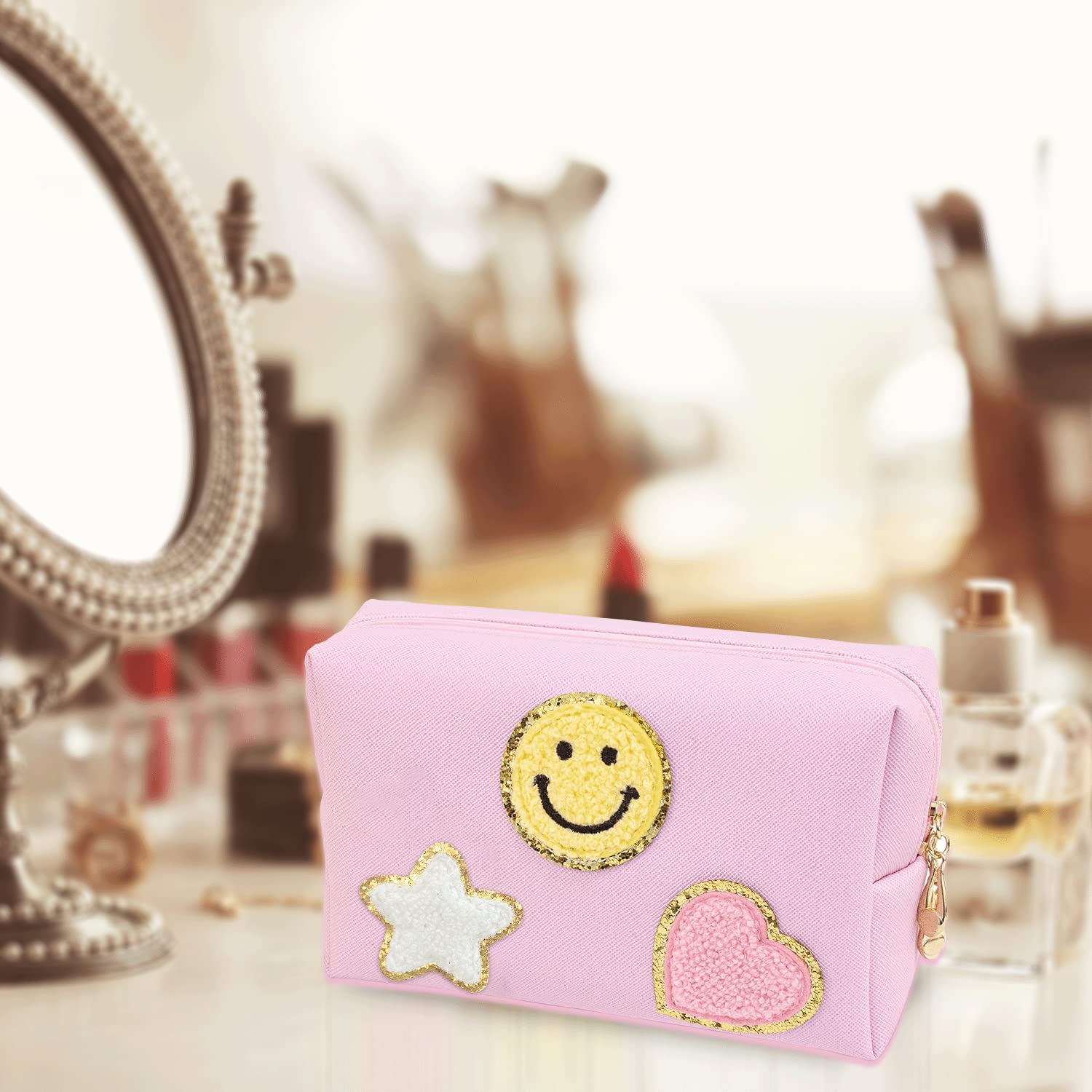 HMZSP Preppy Patch Make-up Tasche Aus Nylon, Schwarz - Mit Chenille-Aufnähern, Großer Kulturbeutel Für Reisen