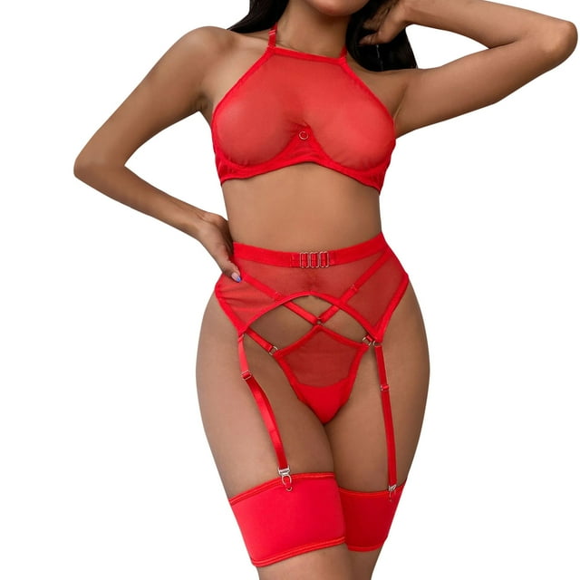 Gibobby Conjuntos de bragas de encaje Lencería sexy para mujer, camisón de encaje con camisola de encaje para mujer lencería(Rojo, CH)