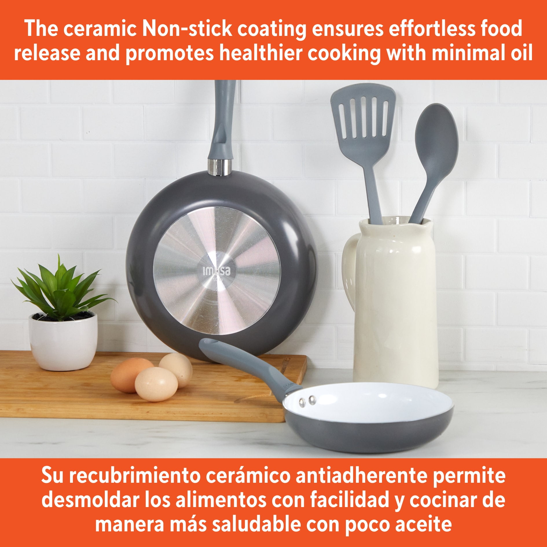 IMUSA Nonstick Ceramic Cookware Set 4-Pieces, 8" and 10" Inches, with Stay-Cool Handles, Aluminum, Gray