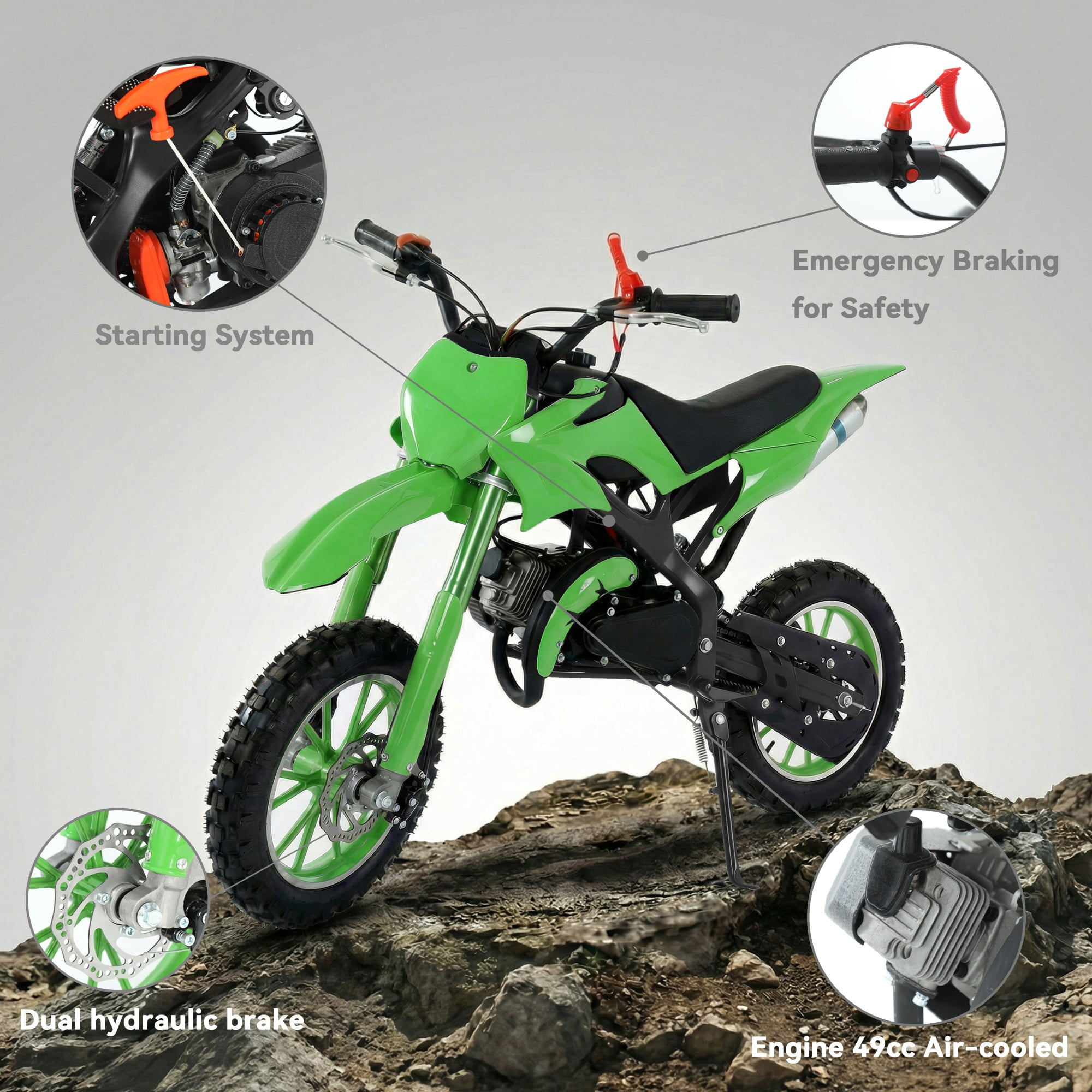 FONA 49cc Kids Dirt Bike 2-Stroke, 25MPH Mini Motorcycle for Ages 8–12, Dual Disc Brakes, Stable Suspension, Off-Road Tires, Soft Seat Green