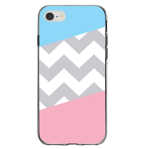 DistinctInk Clear Shockproof Hybrid Case for iPhone 7 8 SE (2020 Model) 4.7" Screen TPU Bumper Acrylic Back Tempered Glass Screen Protector - Pink Blue Block Grey Chevron - Chevron Stripes Pattern