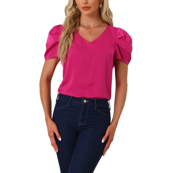 INSPIRE CHIC Women's Satin Blouse V Neck Short Puff Sleeve Casual Tops XS Hot Pink