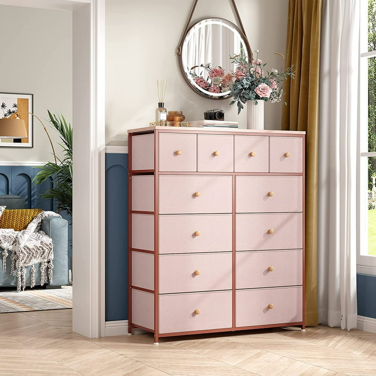 12 Drawer Dresser for Bedroom Tall Dressers for Girls Kids Bedroom with Sturdy Metal Frame Wood Top Pink Dresser Chest of Drawers for Bedroom Nursery Large Fabric Bedroom D