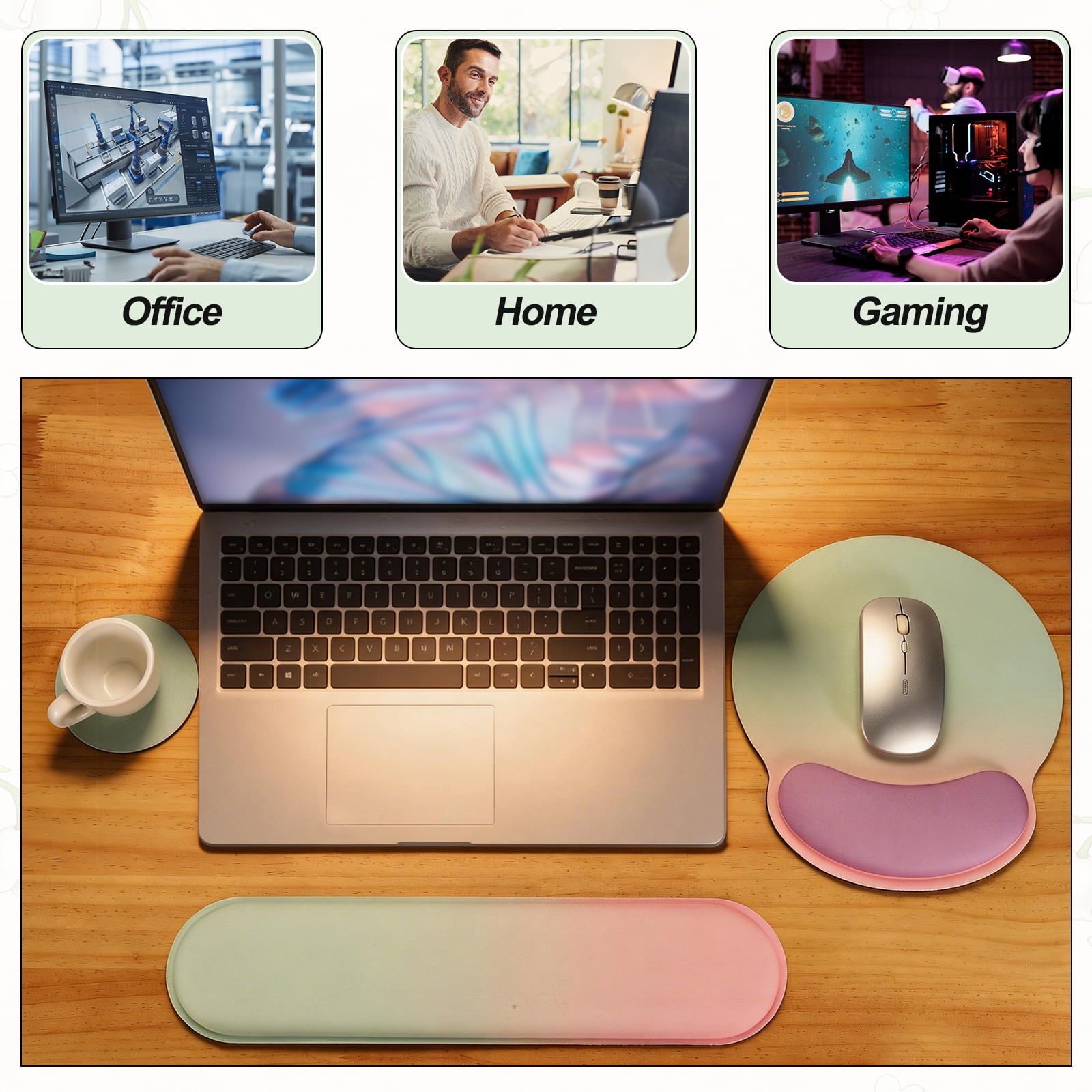 Ergonomic Wrist Rest Set, Memory Foam Mouse Pad and Keyboard Wrist Rest Support Hand Waterproof Cup Pad Non-slip for Office Computer Gaming Home Desk Accessory, Purple Pink
