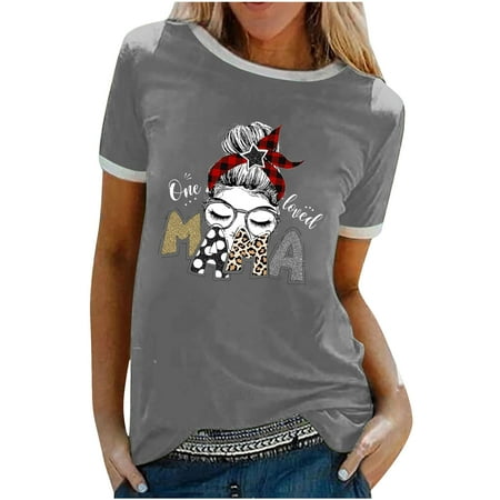 

kakina CMSX Spring Shirts for Women Plus Size Fashion Print Crewneck Underwaist Loose T-shirt Short Sleeve Blouse Casual Tops Ladies Summer Tops Gray M