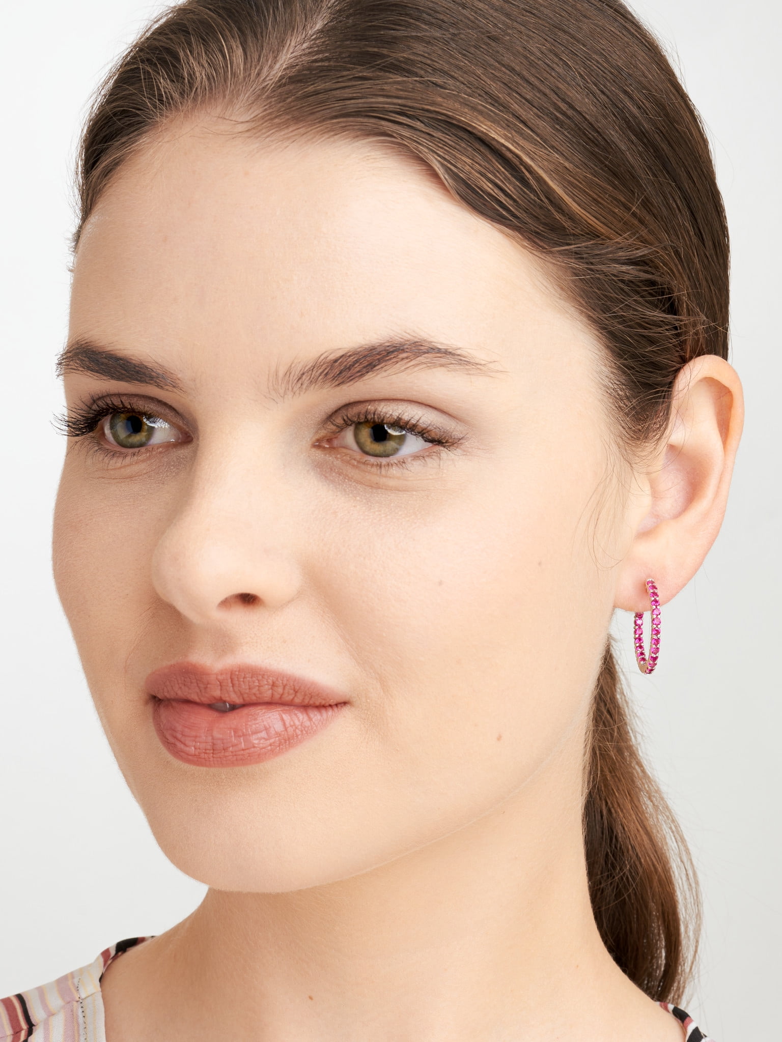 Forever Facets Jewelry Platinum over Sterling Silver Created Ruby Hoop Earrings with Black Velvet Pouch and Box