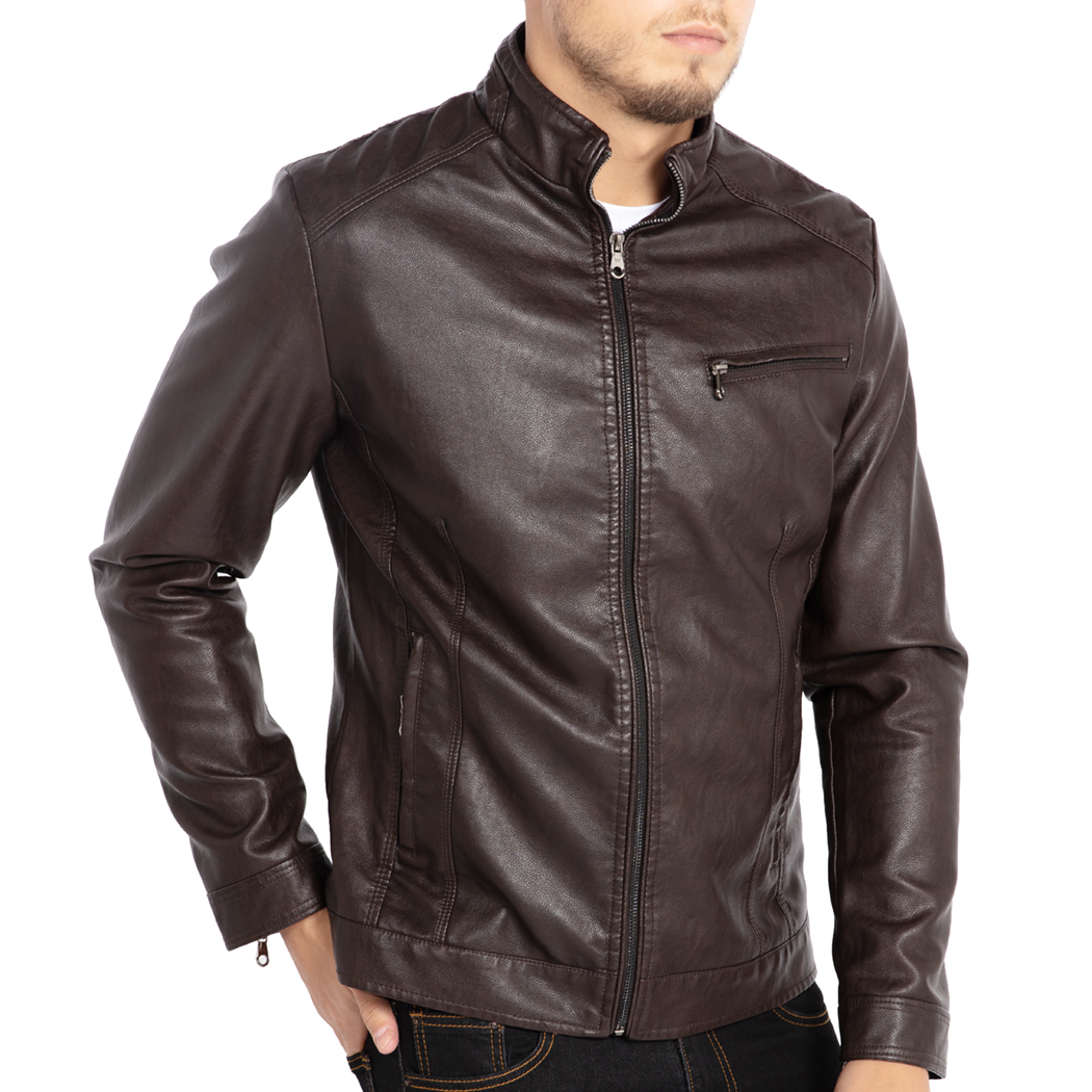 WULFUL Men's Stand Collar Leather Jacket Motorcycle Faux Leather ...