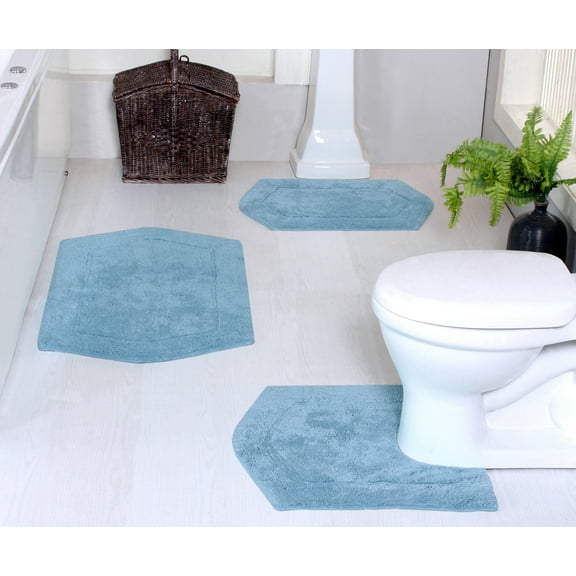 Home Weavers Waterford Collection 100% Cotton Non-Slip Bathroom Rug Set Machine Washable Bathroom Rug-17"x24", Bath Rug- 21"x34", U Shaped Contour- 20"x20", Blue Color 3 Piece Bath Rug set