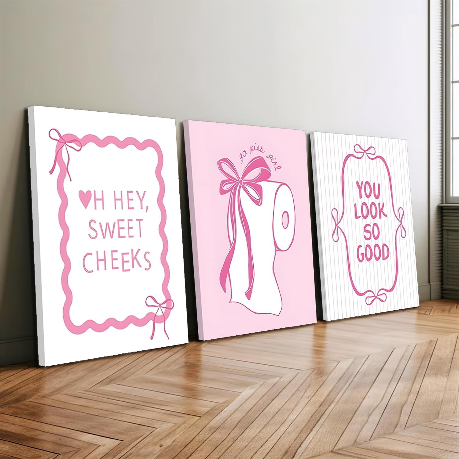 3Pcs Pink Bow Bathroom Canvas Wall Art Bowknot Coquette Posters Prints Preppy Picture Decor For Bathroom Washroom Restroom 16x12in Framed