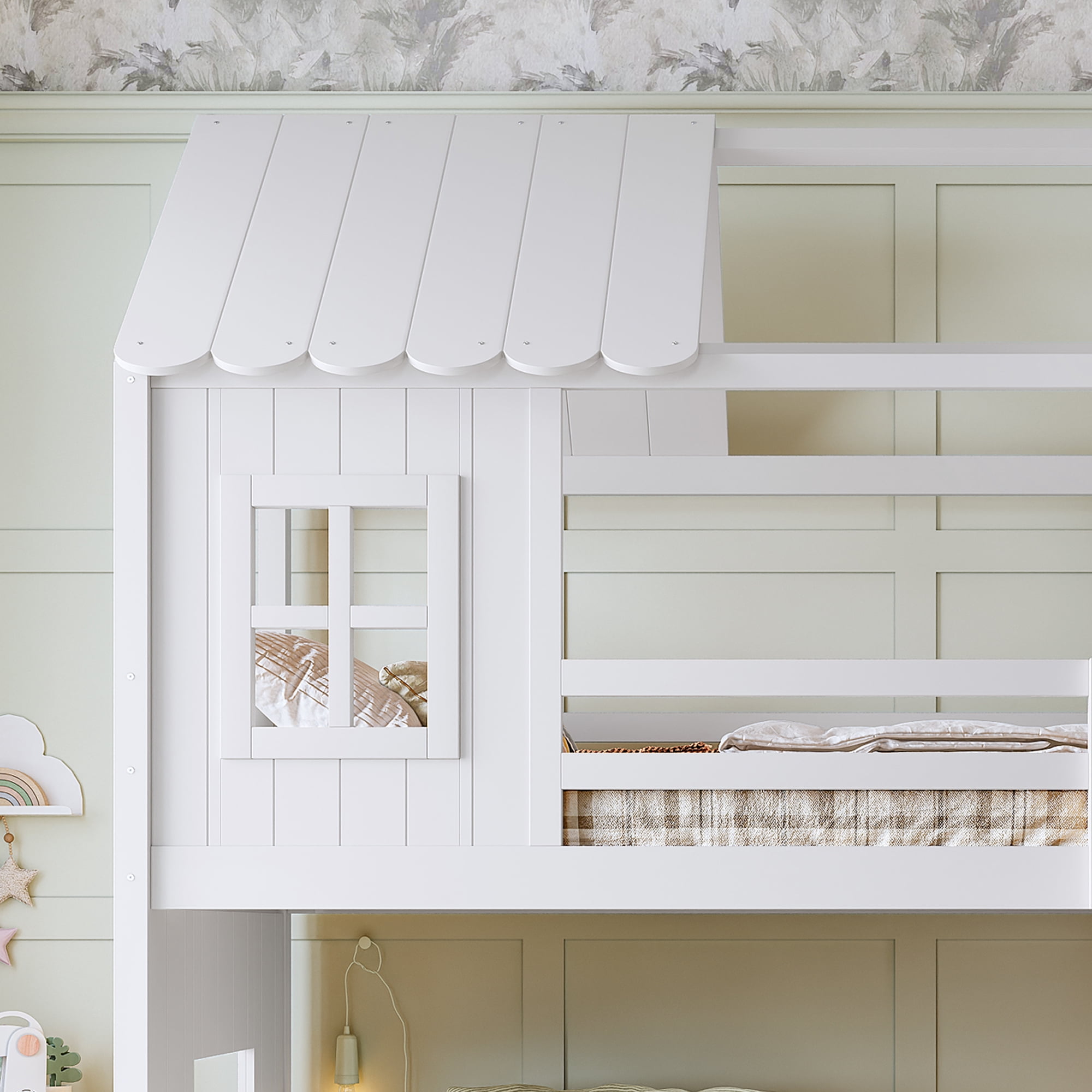 Twin over Full House Bunk Bed with Slide & Ladder, Wood Playhouse Bunk Bed with Storage Shelves & Wardrobe, Floor Bunk Bed for All Ages, White
