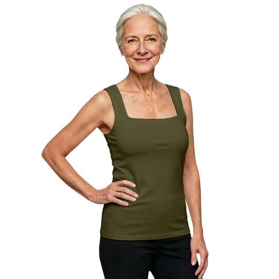 AJGRHE Women's Square Neck Sleeveless Double-Layer Tank Tops Basic T Shirts Lightweight Casual Everyday Wear Women Summer Vest Tee Green L