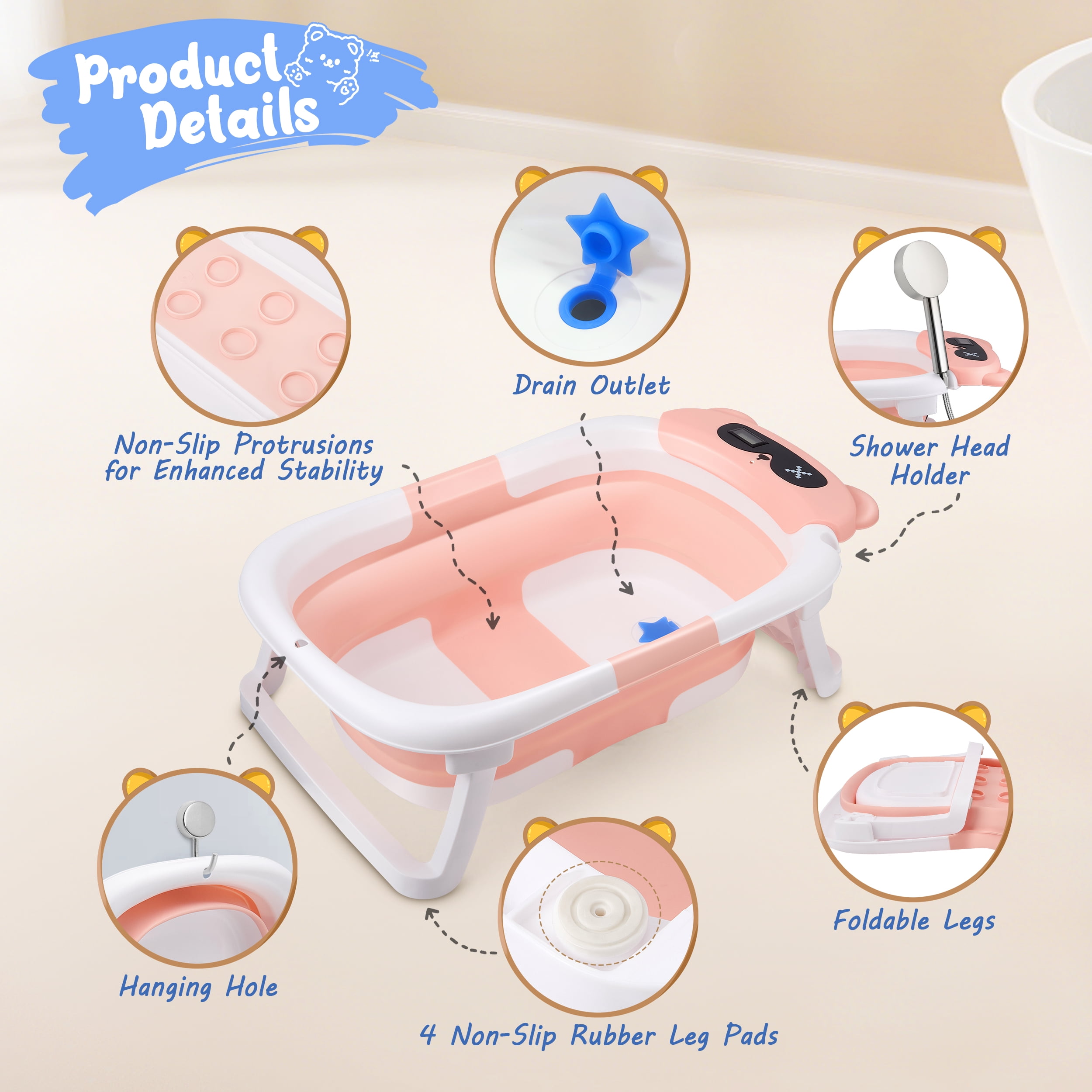 Doulami Baby Bathtub for Infants Collapsible Baby Tubs for Newborns with Cushion and Thermometer, 0-36 Month(Pink)