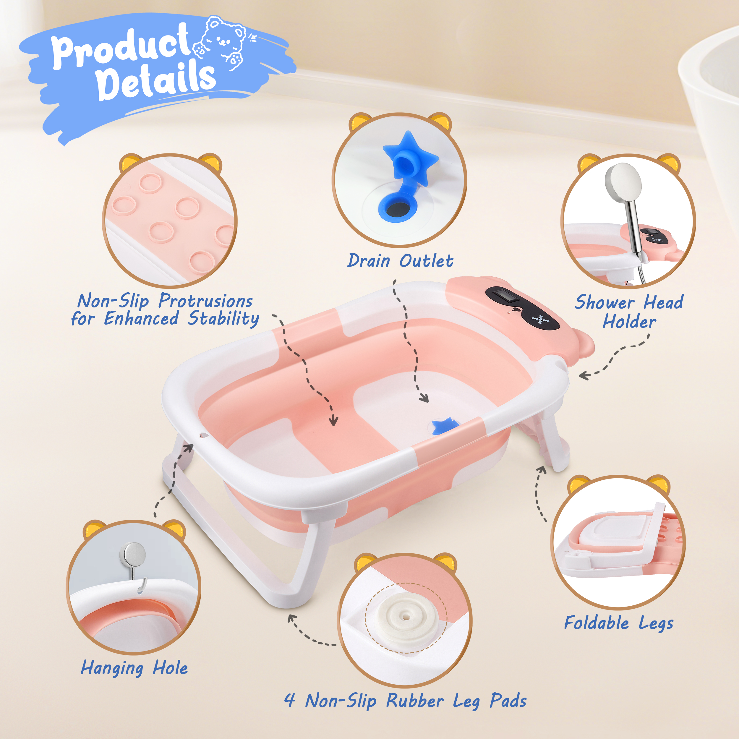 Doulami Collapsible Baby Bathtub with Cushion & Thermometer photo 3