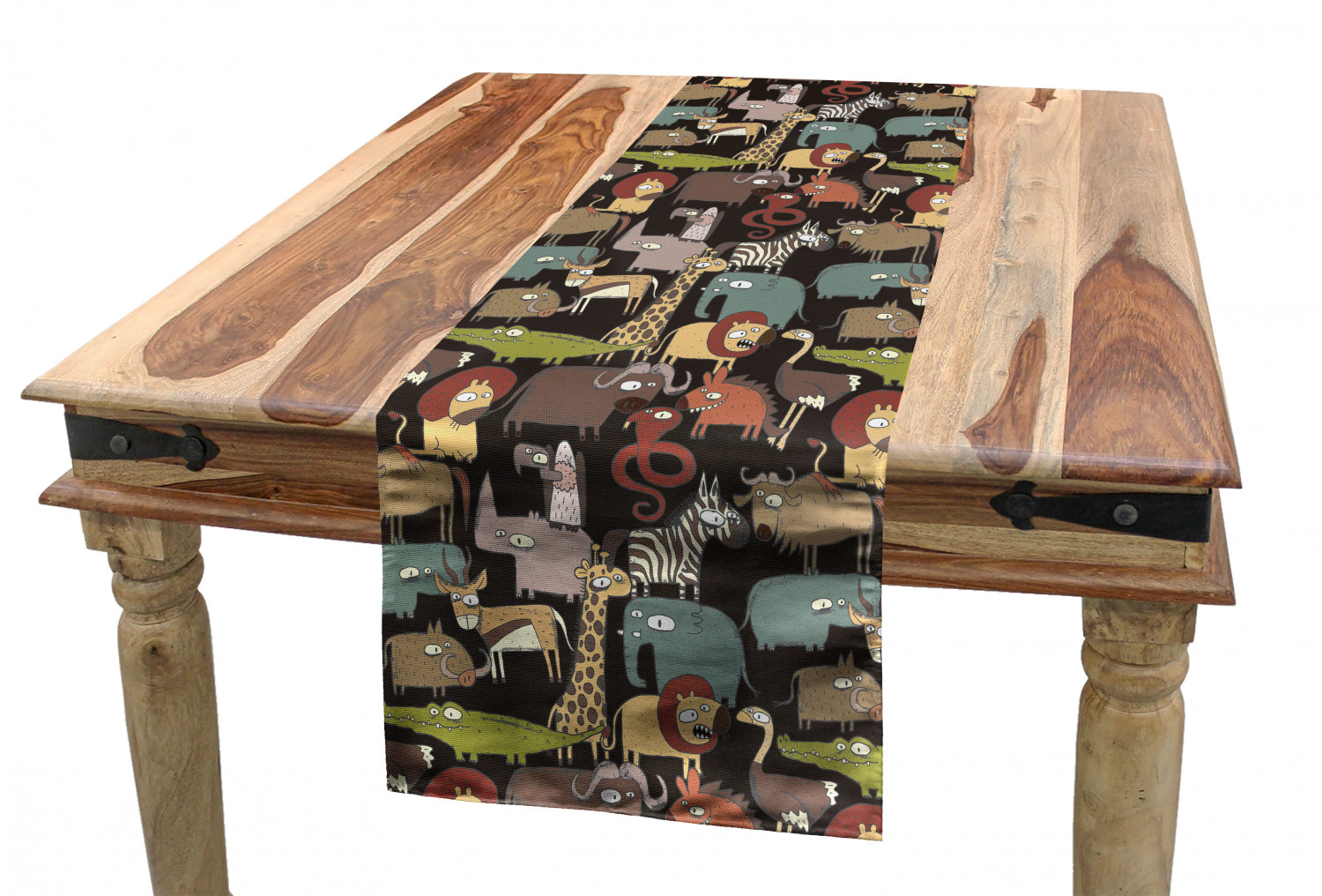 Animal Table Runner, Cartoon Style Fauna of Savannah Giraffe Elephant