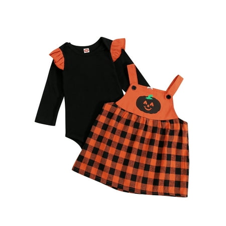 

JYYYBF 2Pcs Newborn Baby Girls Halloween Outfit Autumn Fly Long Sleeve Romper Plaid Pumpkin Printing Suspender Skirt Set Black 6-12 Months