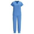 thumbnail image 5 of Pxxlle Scrubs for Women Set Jogger Pants and V Neck Short Sleeve Scrub Tops Solid Color Nursing Uniform with Pockets Light Blue L, 5 of 10