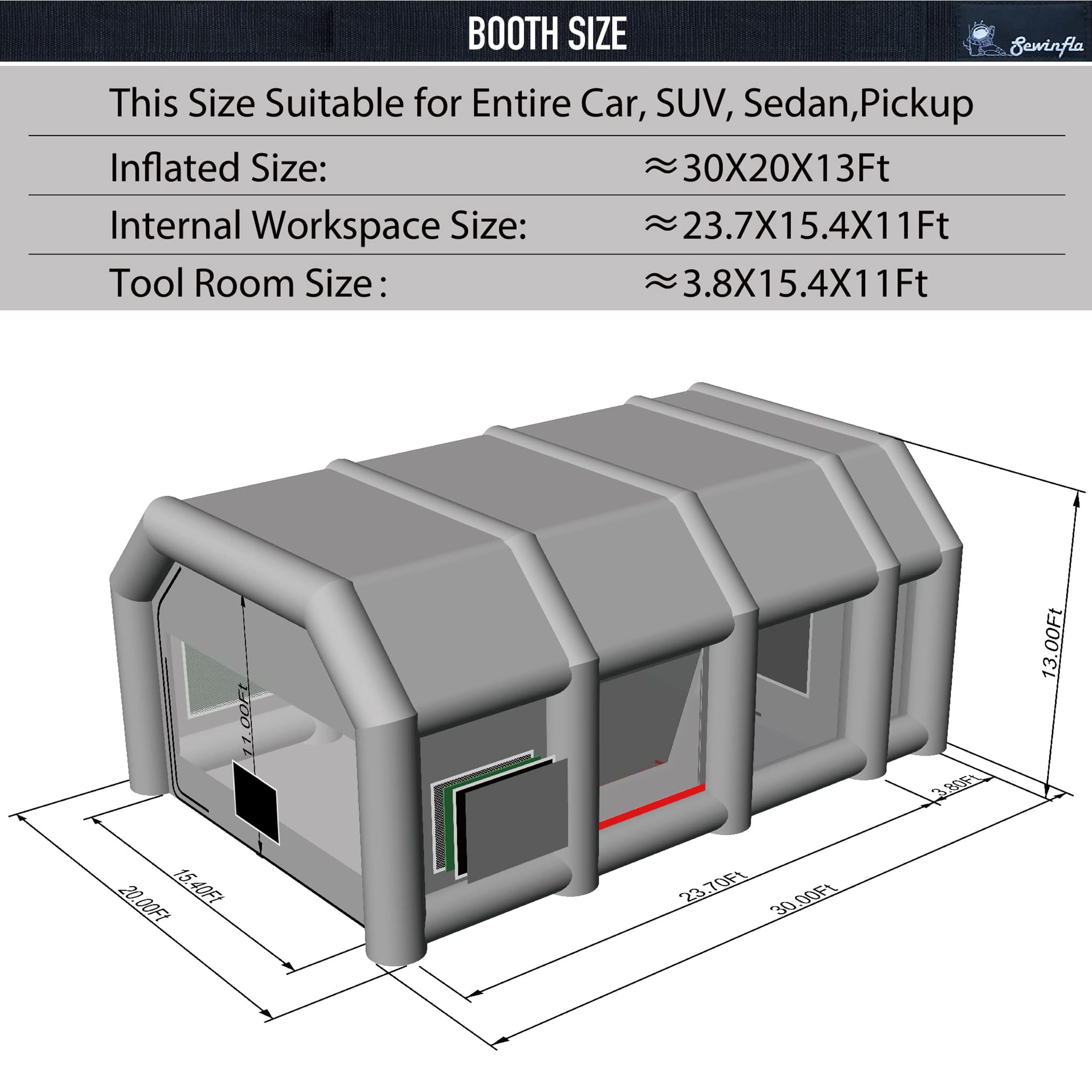 Sewinfla Inflatable Paint Booth with Mini Air Extractor Device, 30x20x13Ft Portable Spray Paint Booth with High Efficient Ventilation System for Cars (8.5x4.5x3.35m)