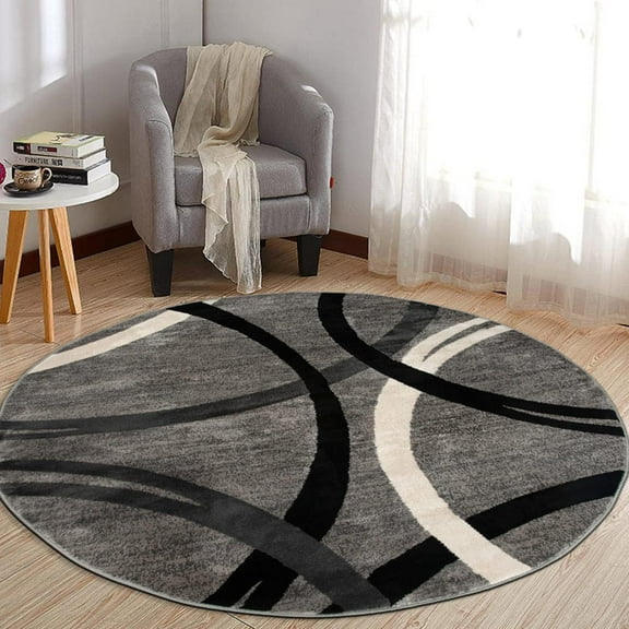 Wavy Circles Design Round Rug, Carpet with Jute Backing for Living Room, Office, or Bedroom, Gray, 2.6ft Round