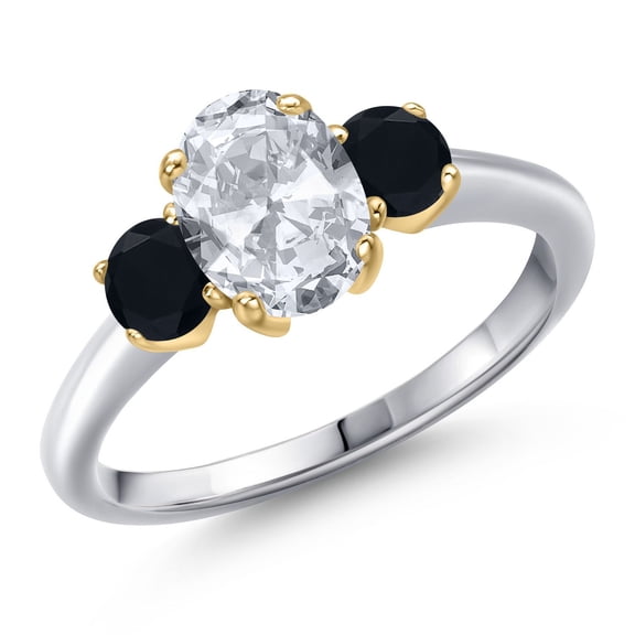 Gem Stone King 10K Two Tone Gold White Topaz and Black Onyx Engagement Ring for Women | 1.94 Cttw | Oval 8X6MM | Gemstone November Birthstone | Size 5