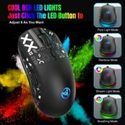 UHM Wirelss Gaming Mouse,Tri-Mode 2.4G/Bluetooth/USB-C Rechargeable Computer Mice with Silent,6 Macro Buttons,Ergonomic Design,Adjustable DPI,6 RGB LED Modes for PC/Mac/Laptop,Black