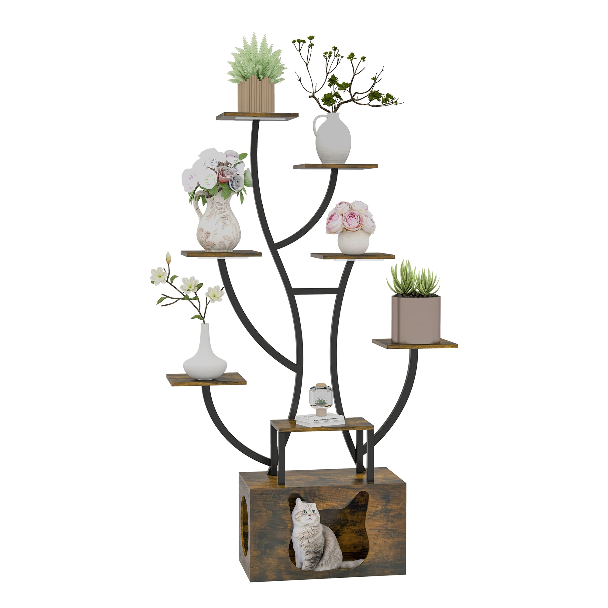 Uforic Indoor Plant Stand with Grow Lights, 63" Multiple Pots Metal Flower Stands Plant Shelf with Cat Litter Box