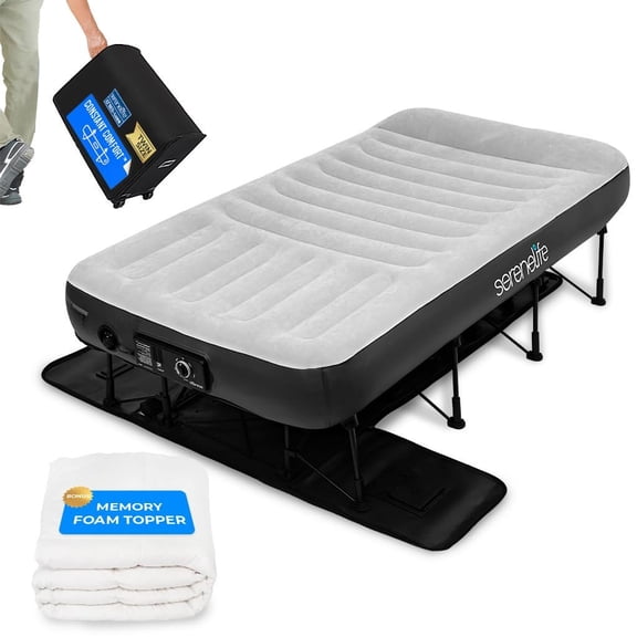 SereneLife Luxe Inflatable Air Mattress with Frame - Wall Plug AC Powered Auto Inflating Pressure Maintaining Pump - Luxury Air Bed Set with Memory Foam Cover, Headrest, Rolling Zip Carry Case