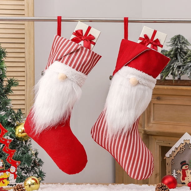 Media Navideñas, Diseño Bordado Personalizado, Patrón Tradicional de Punto Rojo y Blanco, Decoración Navideña para El Hogar, Ambiente Acogedor Invernal, Bolsa de Regalo Grande, 1 Pieza