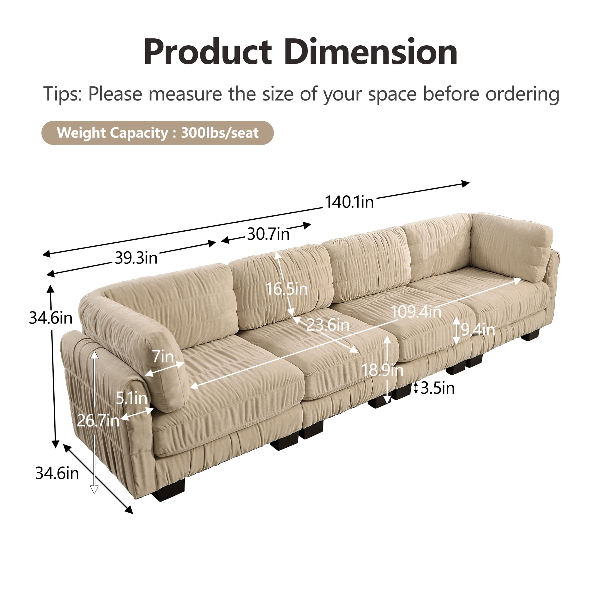 140" 4 Seat Ruched Chenille Modular Sectional Sofa with L Shape Back Cushions,Easy Assembly