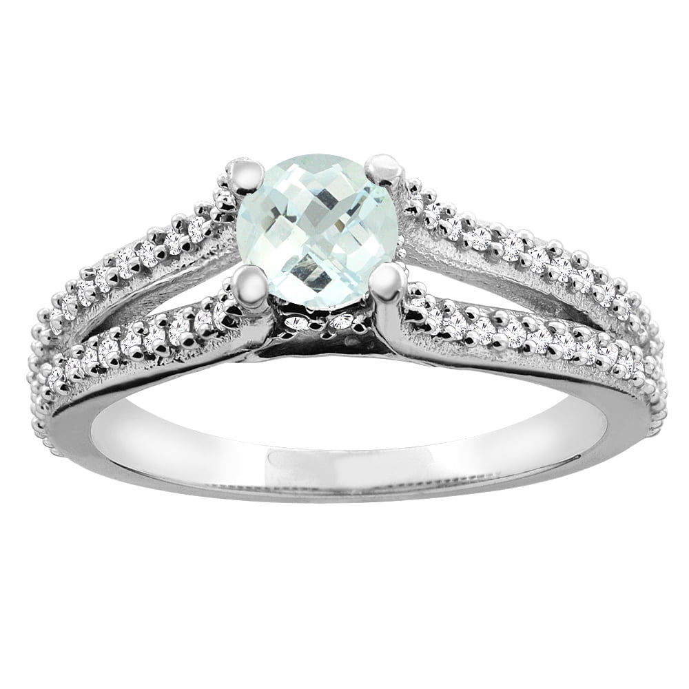 14K White Gold Natural Aquamarine Engagement Split Shank Ring Round 5mm Diamond Accents, size 6 by Gabriella Gold
