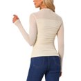 thumbnail image 3 of INSPIRE CHIC Mesh Top for Women's Solid Long Sleeve Mock Neck Sheer Panel with Side Shirring S Beige, 3 of 5