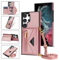 Feishell Fit for Samsung Galaxy S23 Ultra Case with Adjustable Shoulder Strap,Luxury Premium PU Leather Back Magnetic Buckle Flip Card Pocket Zipper Wallet Crossbody Phone Case,Pink