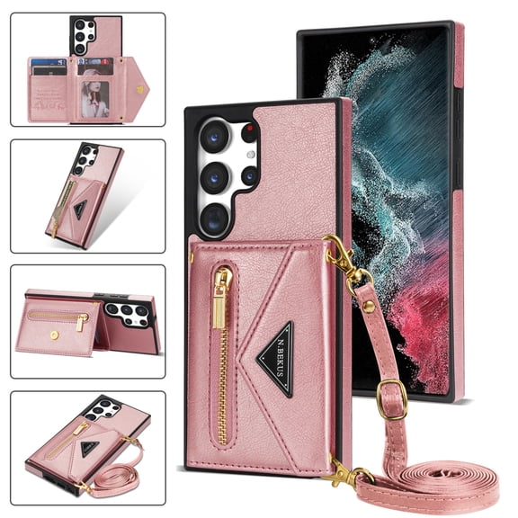 For Samsung Galaxy S26 Ultra Women Wallet Cover with Crossbody Adjustable Shoulder Strap, Zipper Premium PU Leather Magnetic Back Flip Card Pocket Phone Case For Samsung Galaxy S26 Ultra,Rosegold