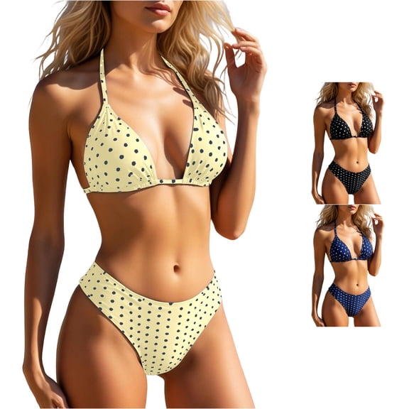 WAYUTE Womens Swimsuits Stylish Polka Dot Print Halter Bikini Top and Bottoms Seamless Two Piece Bathing Suit Party Summer Beach Outdoor,Light Yellow,S
