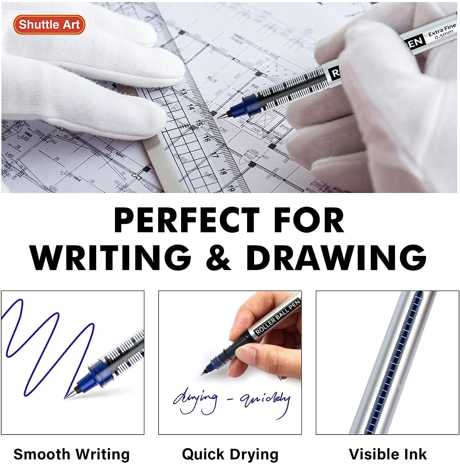 RollerBall Pens, Shuttle Art 25 Pack Blue Fine Point Roller Ball Pens, 0.5mm Liquid Ink Pens for Writing Journaling Taking Notes Office