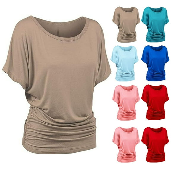 Aboser Short Sleeve Dolman Tops for Women Summer Tunic Top Dressy Casual Crewneck T Shirts Trendy Ruched Basic Shirt Loose Fit Plain Tshirts