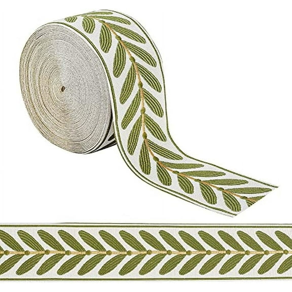 10.9Yards Jacquard Ribbon Trim 2.4 Inch Leaf Pattern Jacquard Polyester Ribbons White Green Leaf Jacquard Woven