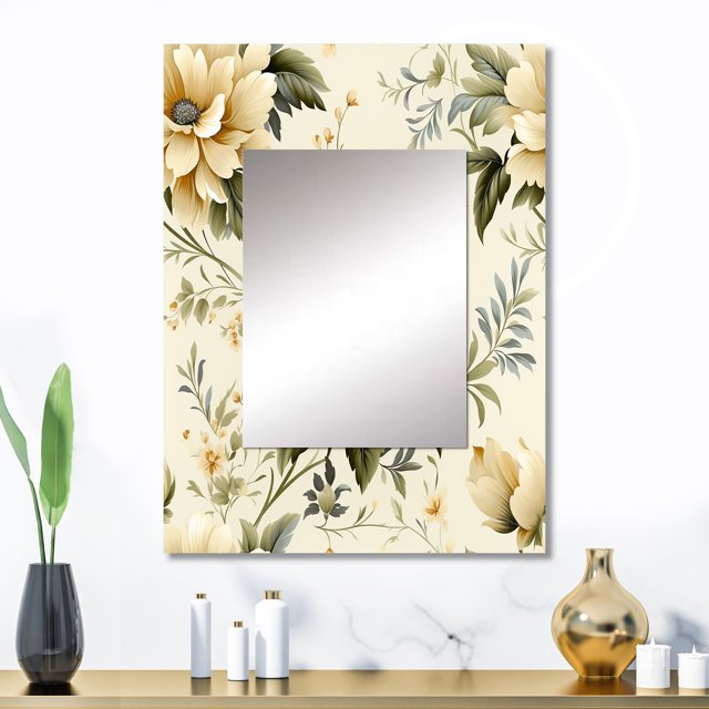 Designart "Simplistic Victorian Elegance I" Floral Wall Mirror, Printed White Wall Mirror, Traditional Bathroom Wall Mirror, Decorative Floral Mirror - 24x32 Inch