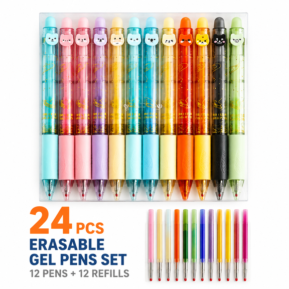Erasable Pens, 24 Pack Fine Point 0.5mm Pens with Erasers, Make Mistakes Disappear